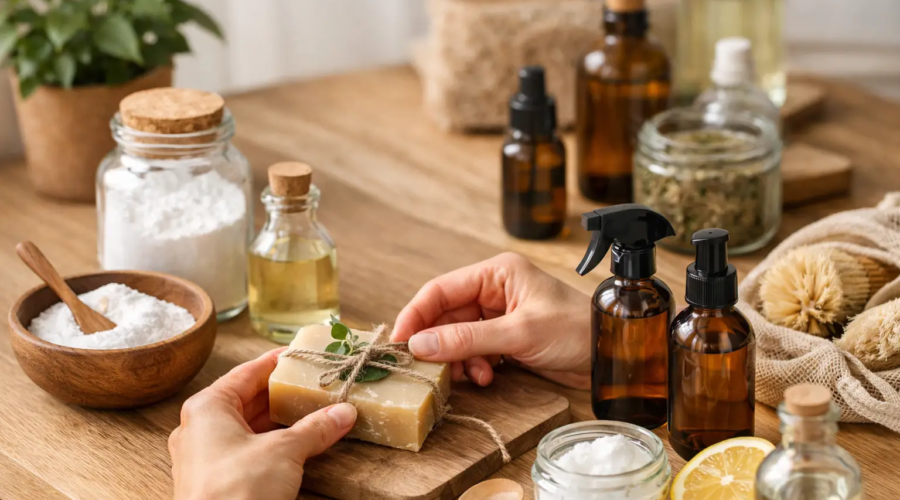 Natural skincare products and homemade soap with essential oils and organic ingredients on a wooden table