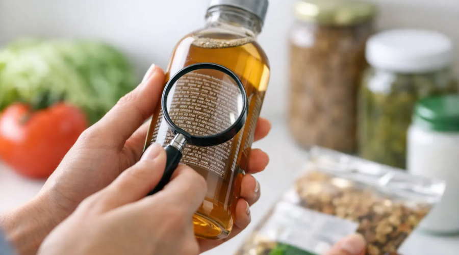 Person reading a bottled liquid ingredient label with a magnifying glass in a kitchen