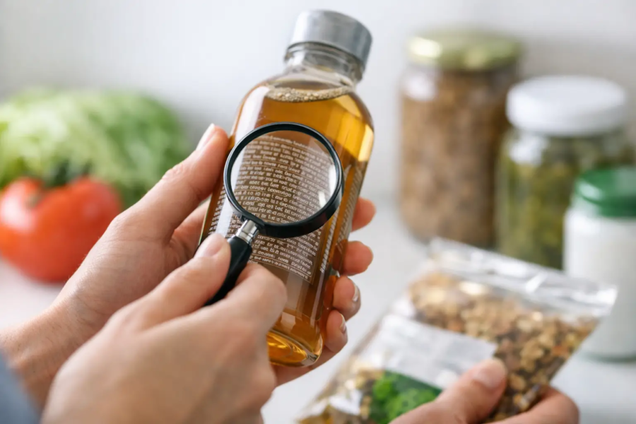 Person reading a bottled liquid ingredient label with a magnifying glass in a kitchen
