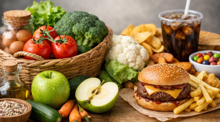 Fresh fruits and vegetables beside a cheeseburger, fries, and soda, showing healthy food versus fast food