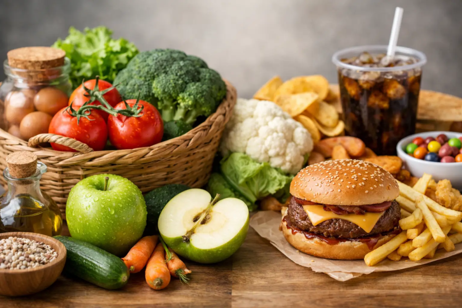 Fresh fruits and vegetables beside a cheeseburger, fries, and soda, showing healthy food versus fast food
