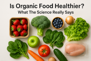 Fresh organic fruits, vegetables, and chicken arranged to illustrate health benefits