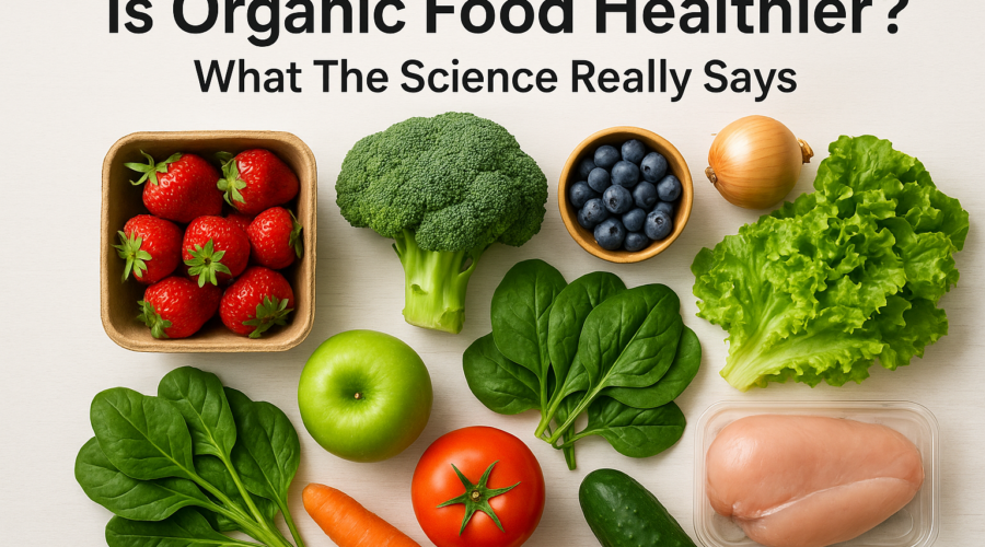 Fresh organic fruits, vegetables, and chicken arranged to illustrate health benefits