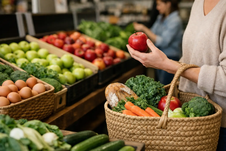 Person shopping for fresh fruits and vegetables at a grocery store