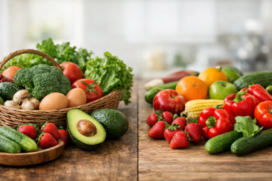 Fresh organic fruits and vegetables arranged on a wooden table for a healthy food display