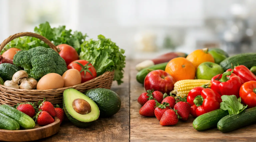 Fresh organic fruits and vegetables arranged on a wooden table for a healthy food display