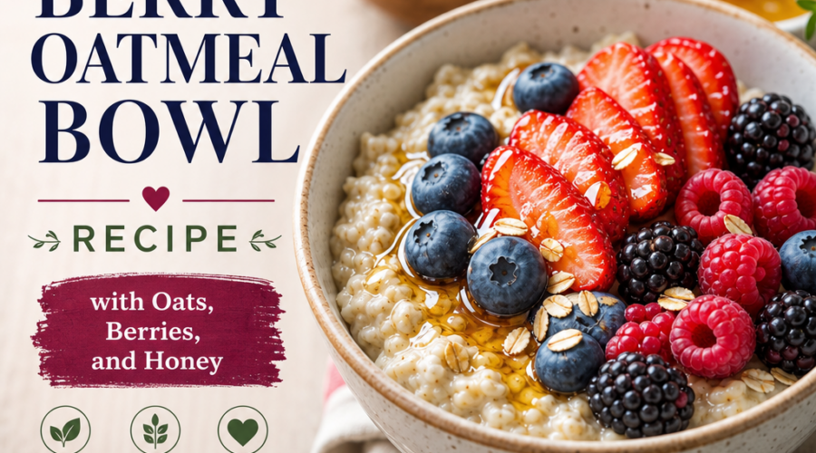 Organic berry oatmeal bowl topped with fresh berries and honey for a healthy breakfast