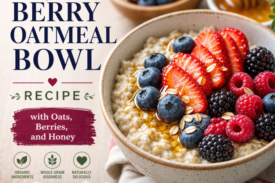 Organic berry oatmeal bowl with fresh berries, oats, and honey for a healthy breakfast