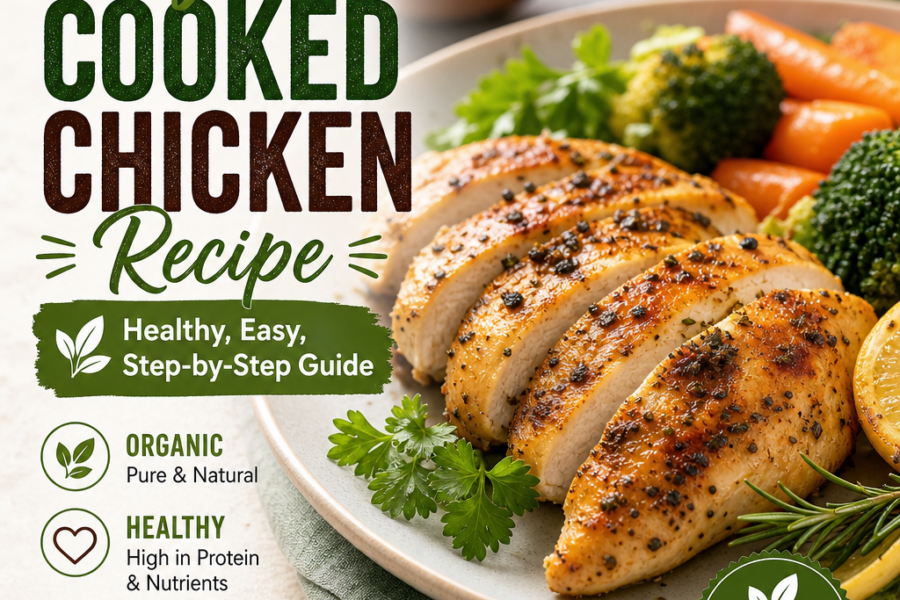 Cooked chicken recipe ingredients arranged for a healthy, easy step-by-step cooking guide