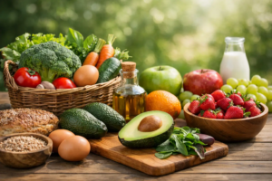 Fresh organic fruits, vegetables, and dairy products arranged on a wooden table