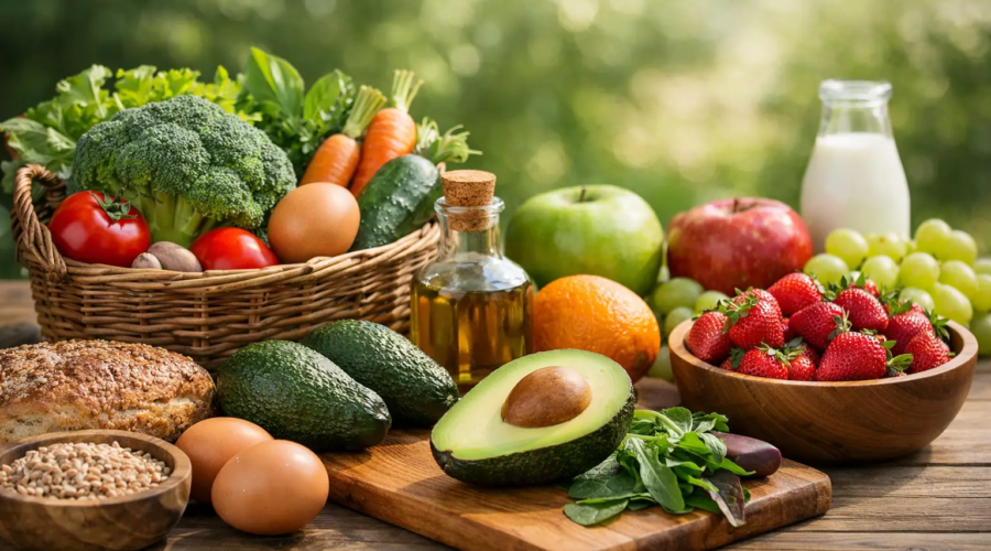 Fresh organic fruits, vegetables, and dairy products arranged on a wooden table