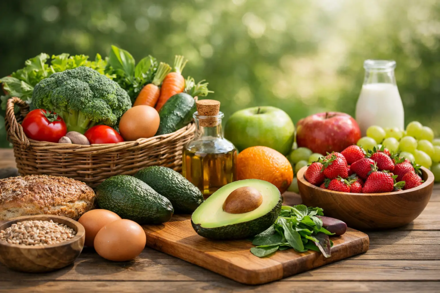 Fresh organic fruits, vegetables, and dairy products arranged on a wooden table