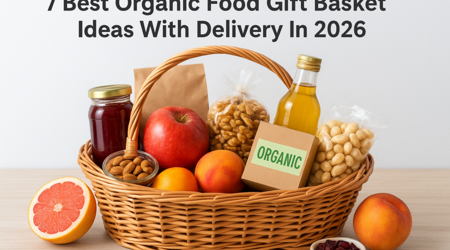 Organic food gift basket with fresh fruits, nuts, and natural products for delivery