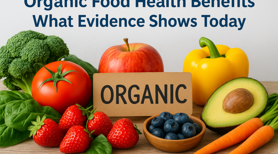 Assorted organic fruits and vegetables highlighting the health benefits of organic food