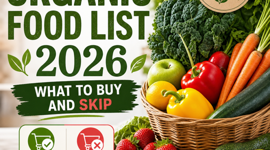 Organic food shopping guide showing what to buy and skip for healthier eating in 2026