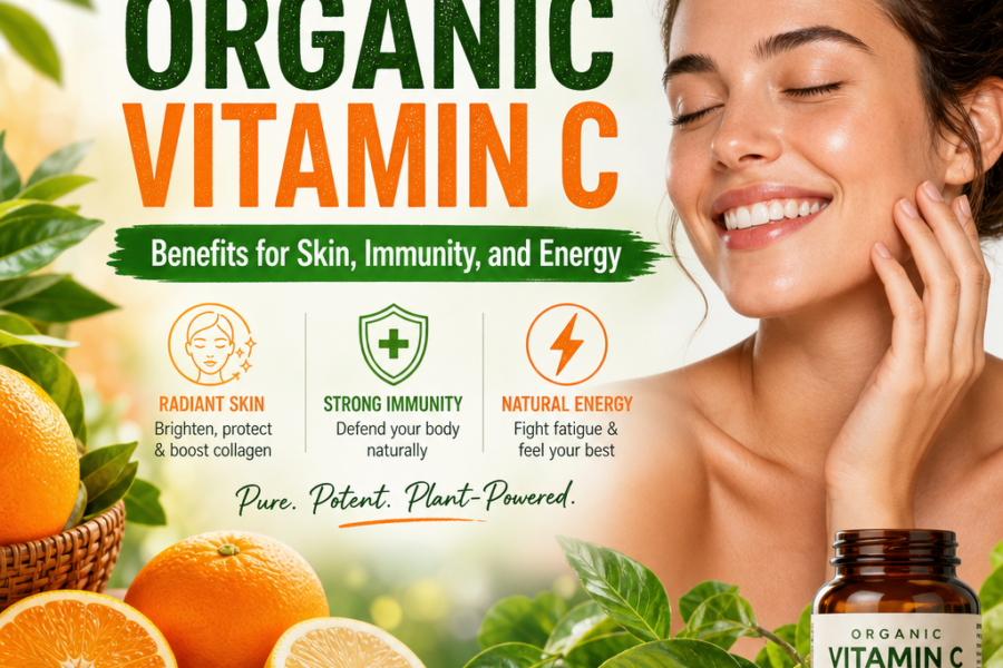 Organic Vitamin C supplement promoting radiant skin, immunity, and natural energy benefits