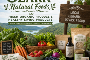 Assorted fresh organic produce and healthy living products displayed on a store shelf