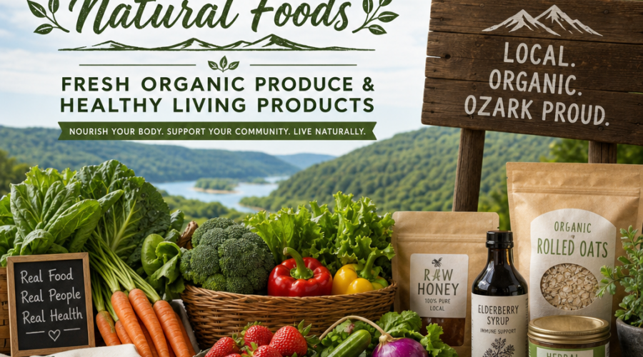 Assorted fresh organic produce and healthy living products displayed on a store shelf