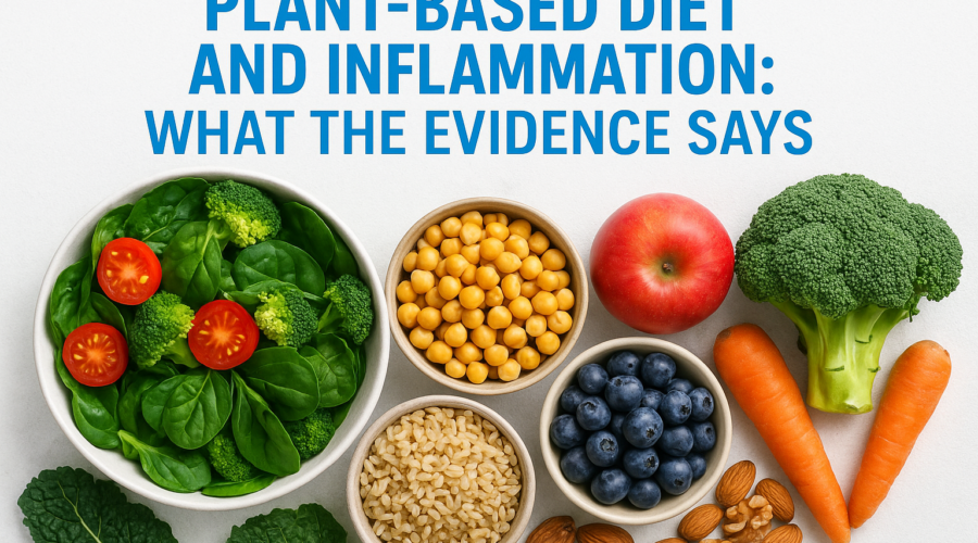Assorted vegetables, fruits, nuts, and grains arranged to promote a healthy plant-based diet and reduced inflammation