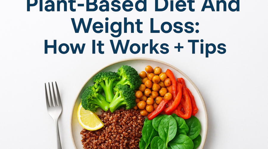 Plate of colorful plant-based foods with tips for healthy weight loss