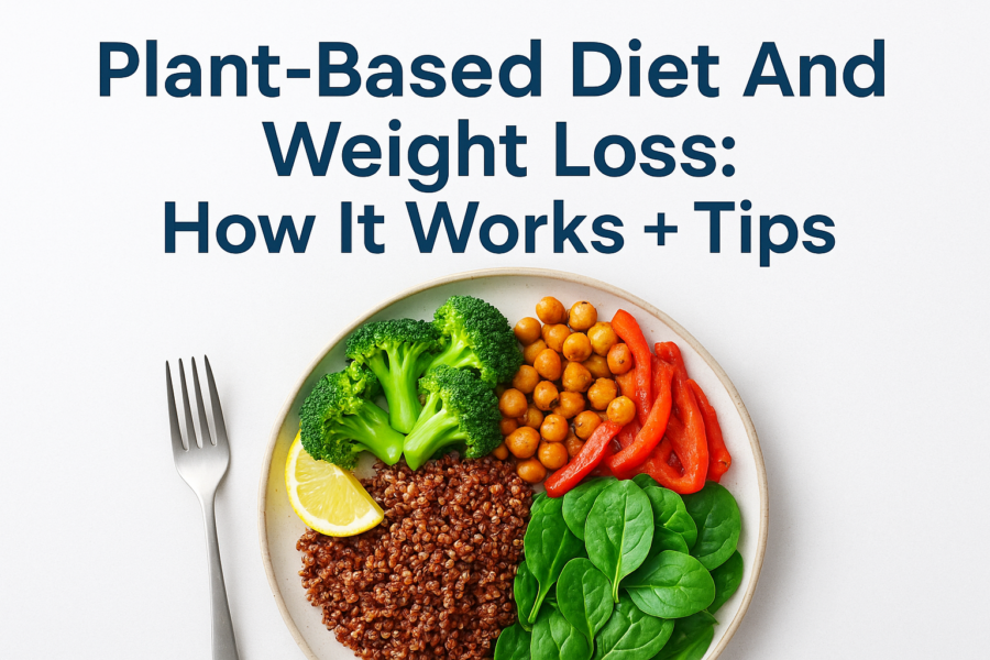 Plate of colorful plant-based foods with tips for healthy weight loss