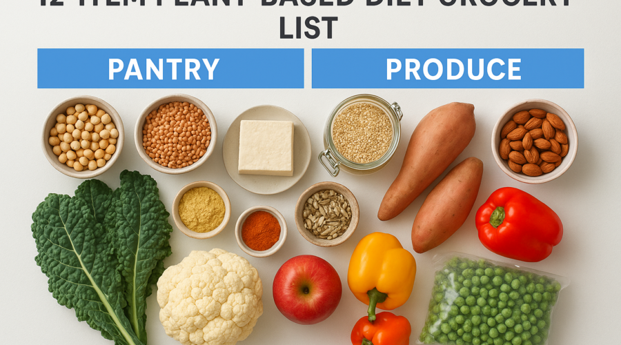 12-item plant-based diet grocery list with pantry staples and fresh produce laid out on a table