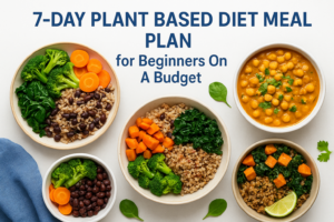 7-day plant-based diet meal plan with healthy vegetable and grain bowls for beginners on a budget