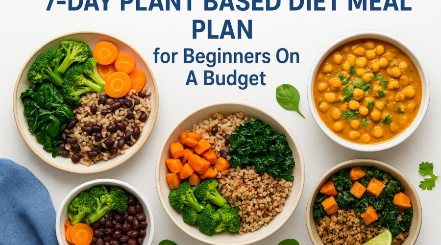 7-day plant-based diet meal plan with healthy vegetable and grain bowls for beginners on a budget