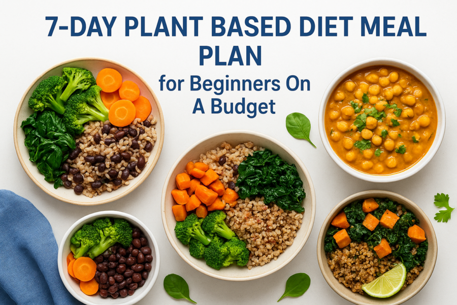 7-day plant-based diet meal plan with healthy vegetable and grain bowls for beginners on a budget