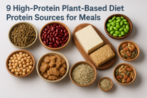 Beans, tofu, tempeh, edamame, soybeans, seitan, hemp seeds, and nuts as plant-based protein sources