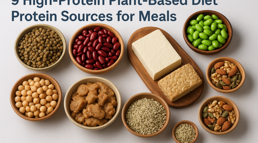 Beans, tofu, tempeh, edamame, soybeans, seitan, hemp seeds, and nuts as plant-based protein sources