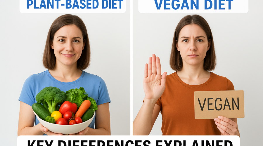 Comparison chart showing key differences between a plant-based diet and a vegan diet