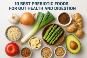 Top 10 prebiotic foods for gut health, including garlic, onion, asparagus, avocado, and oats