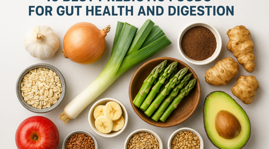 Top 10 prebiotic foods for gut health, including garlic, onion, asparagus, avocado, and oats