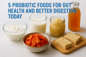 Yogurt, kefir, sauerkraut, kimchi, and kombucha shown as probiotic foods for gut health and better digestion