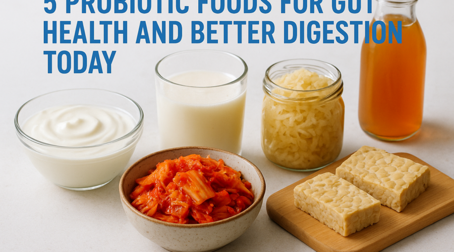 Yogurt, kefir, sauerkraut, kimchi, and kombucha shown as probiotic foods for gut health and better digestion