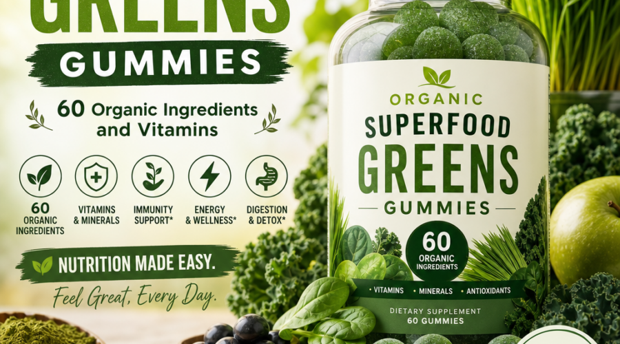 Bottle of organic superfood greens gummies surrounded by fresh fruits, vegetables, and leaves on white background