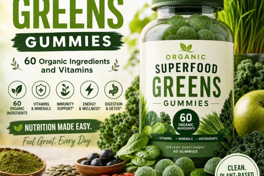 Bottle of green superfood gummies surrounded by fresh fruits, vegetables, and leaves on a white background