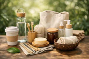 Eco-friendly personal care and hygiene products arranged on a wooden table