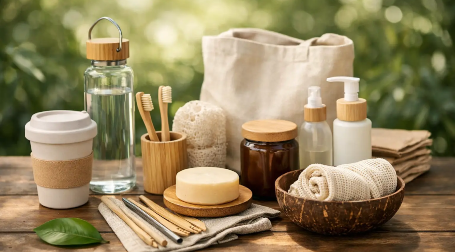 Eco-friendly personal care and hygiene products arranged on a wooden table