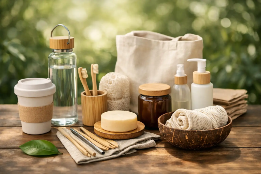 Eco-friendly personal care and hygiene products arranged on a wooden table