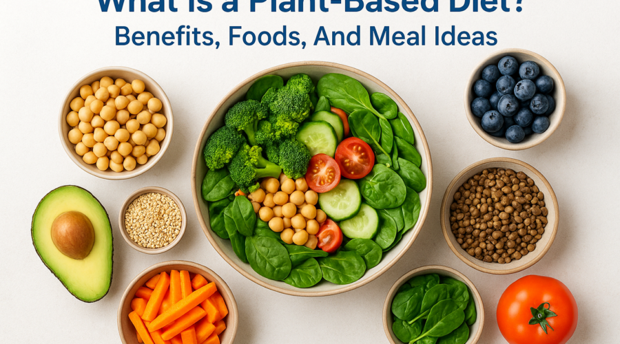 Colorful plant-based foods with vegetables, legumes, fruits, and a bowl of salad arranged together