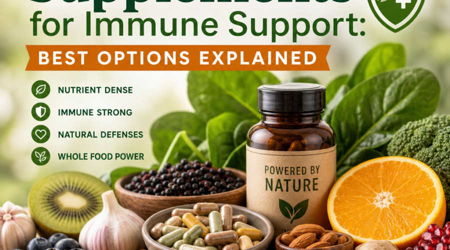 Infographic showing whole food immune support supplements with fruits, vegetables, and capsules