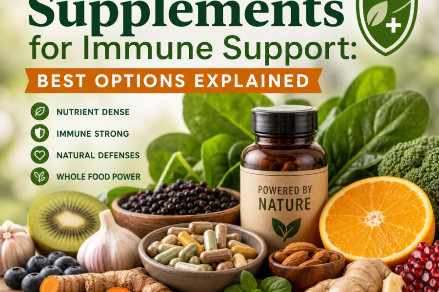 Infographic on whole foods supplements for immune support, showing natural ingredients and health benefits.