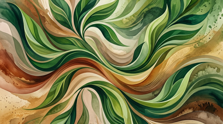 Abstract swirling green leaves with brown and beige watercolor background