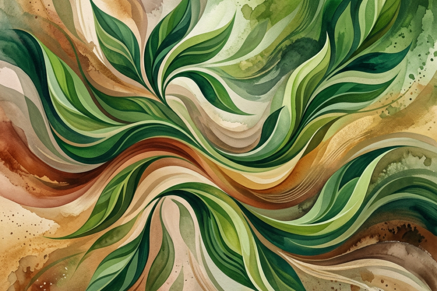 Abstract swirling green leaves with brown and beige watercolor background