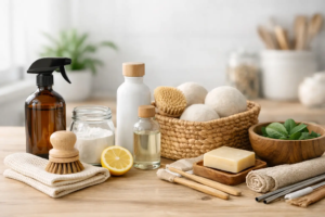 Eco-friendly natural skincare and cleaning products arranged on a wooden surface