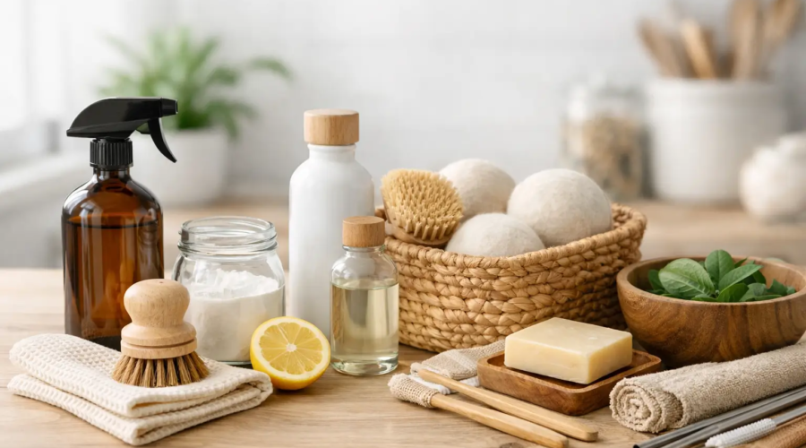 Eco-friendly natural skincare and cleaning products arranged on a wooden surface