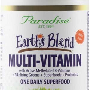 Paradise Herbs Earth’s Blend multivitamin bottle with iron and organic superfoods