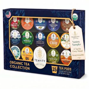 Organic tea variety sampler box with 15 flavored tea pods, Keurig compatible
